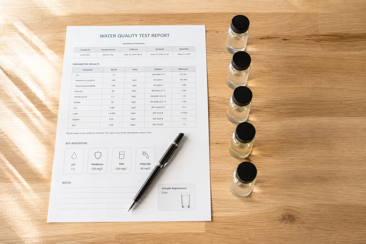 Illustration of a water test report with sample vials on a table