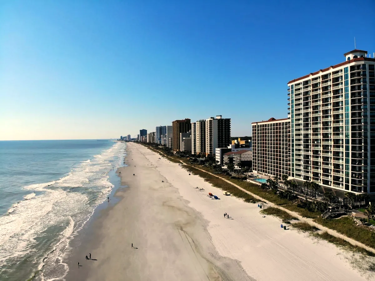Aerial view of the Myrtle Beach oceanfront and Ocean Boulevard hotels
