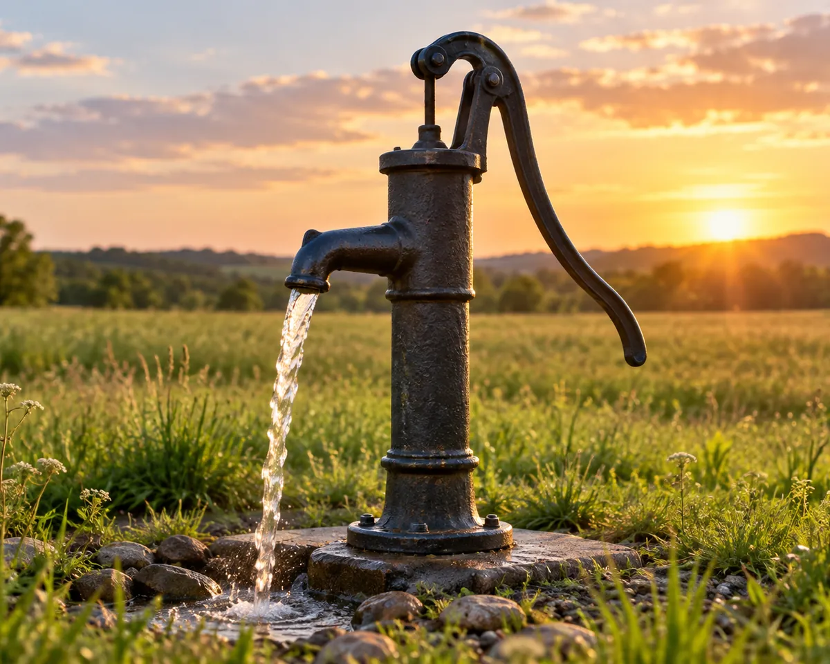 Illustration: A vintage cast-iron hand water pump standing in an open green field at golden hour, no buildings