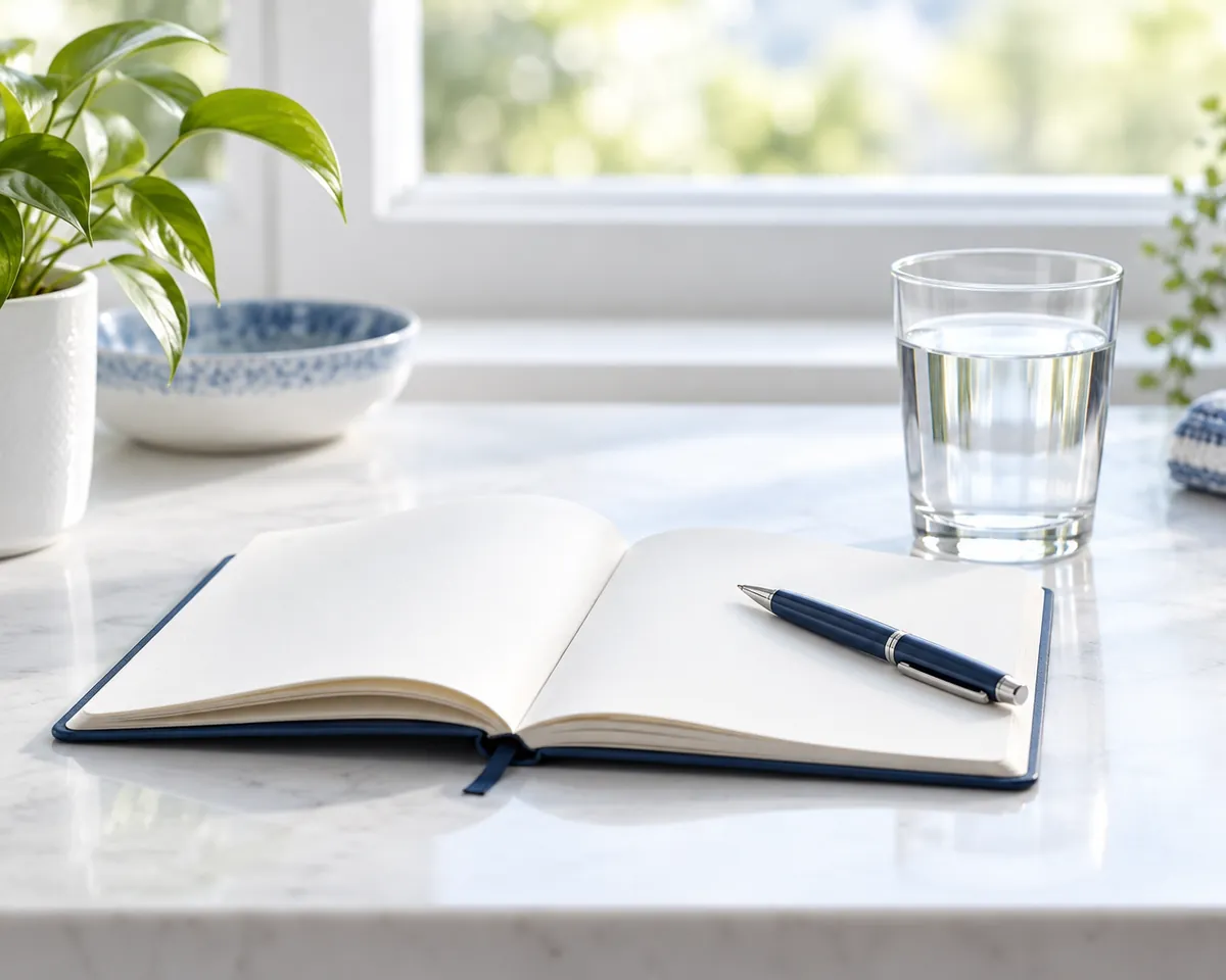 Illustration: An open notebook with blank pages, a pen and a glass of water on a bright desk by a window