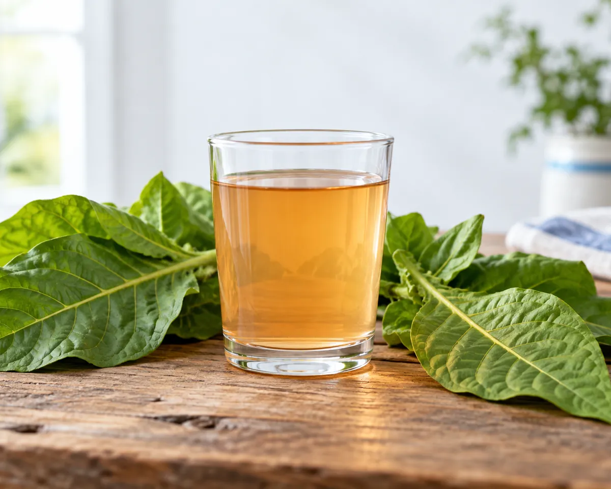 Illustration: A glass of faintly orange well water beside fresh green tobacco leaves on a rustic wooden table