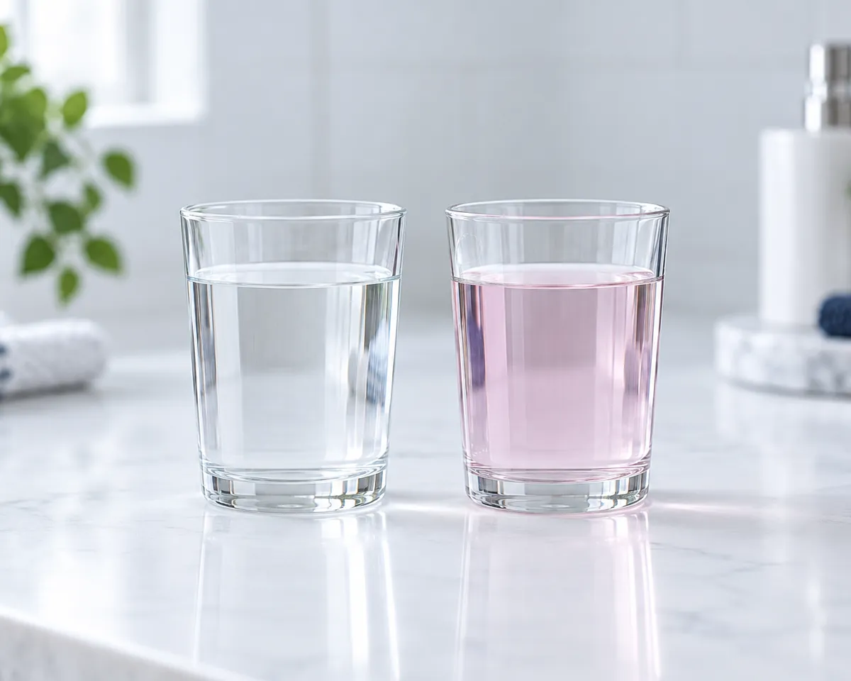 Illustration: Two identical glasses of water on a white counter, one tinted faint pink as if from a chlorine test reagent