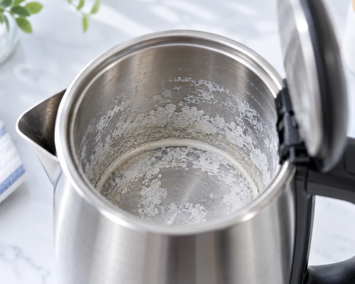 Illustration: The inside of a stainless kettle coated with white limescale, macro