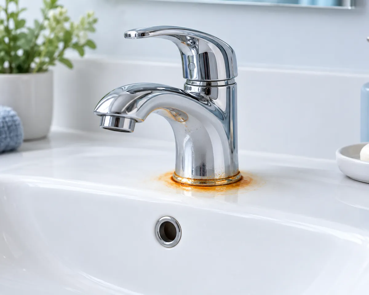 Illustration: An orange iron-stain ring around the base of a faucet in a white sink, close-up