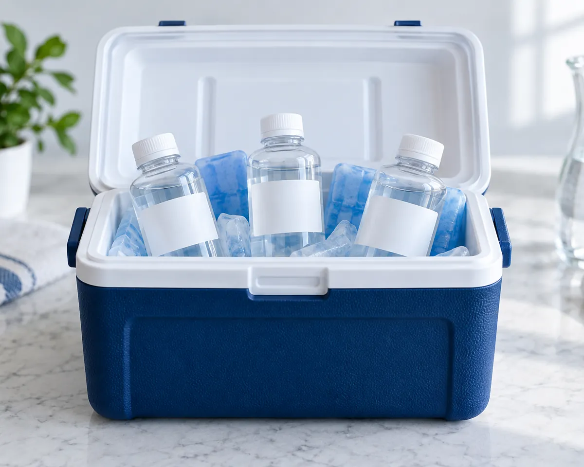 Illustration: Sealed lab water sample bottles with blank labels in a small cooler with ice packs