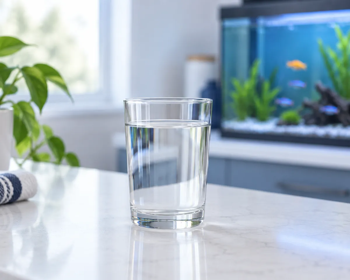 Illustration: A clear glass of tap water on a white counter with a softly blurred home aquarium glowing blue in the background