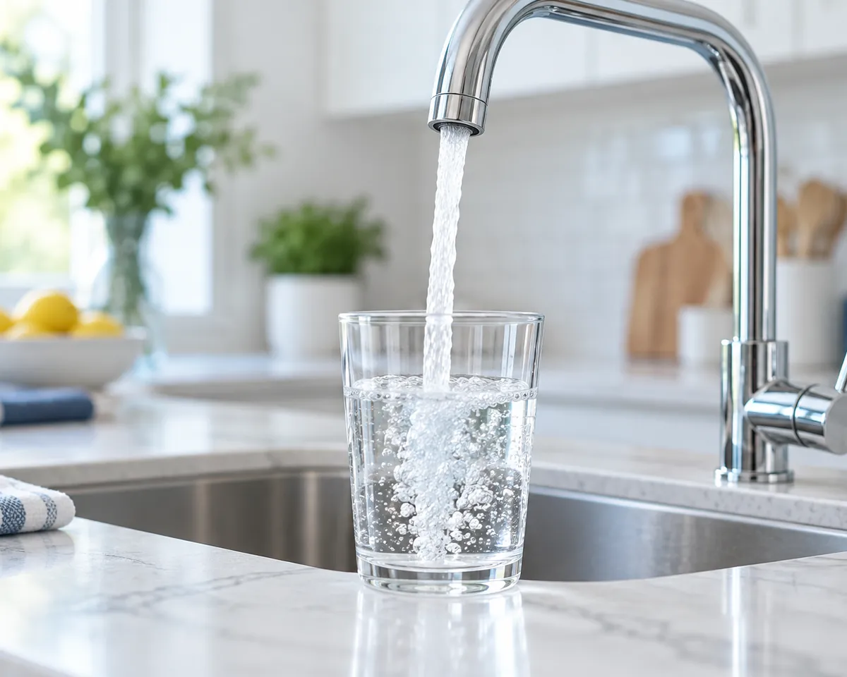 Illustration: Water streaming from a chrome kitchen faucet into a clear glass, close-up with tiny bubbles, bright kitchen blur behind