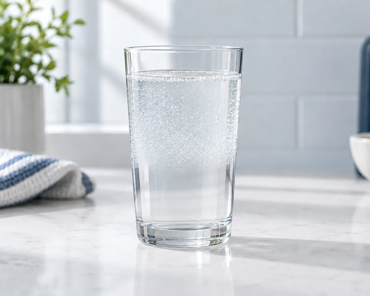 Illustration: A glass of milky white tap water full of tiny air bubbles, clearing from the bottom up, on a white counter