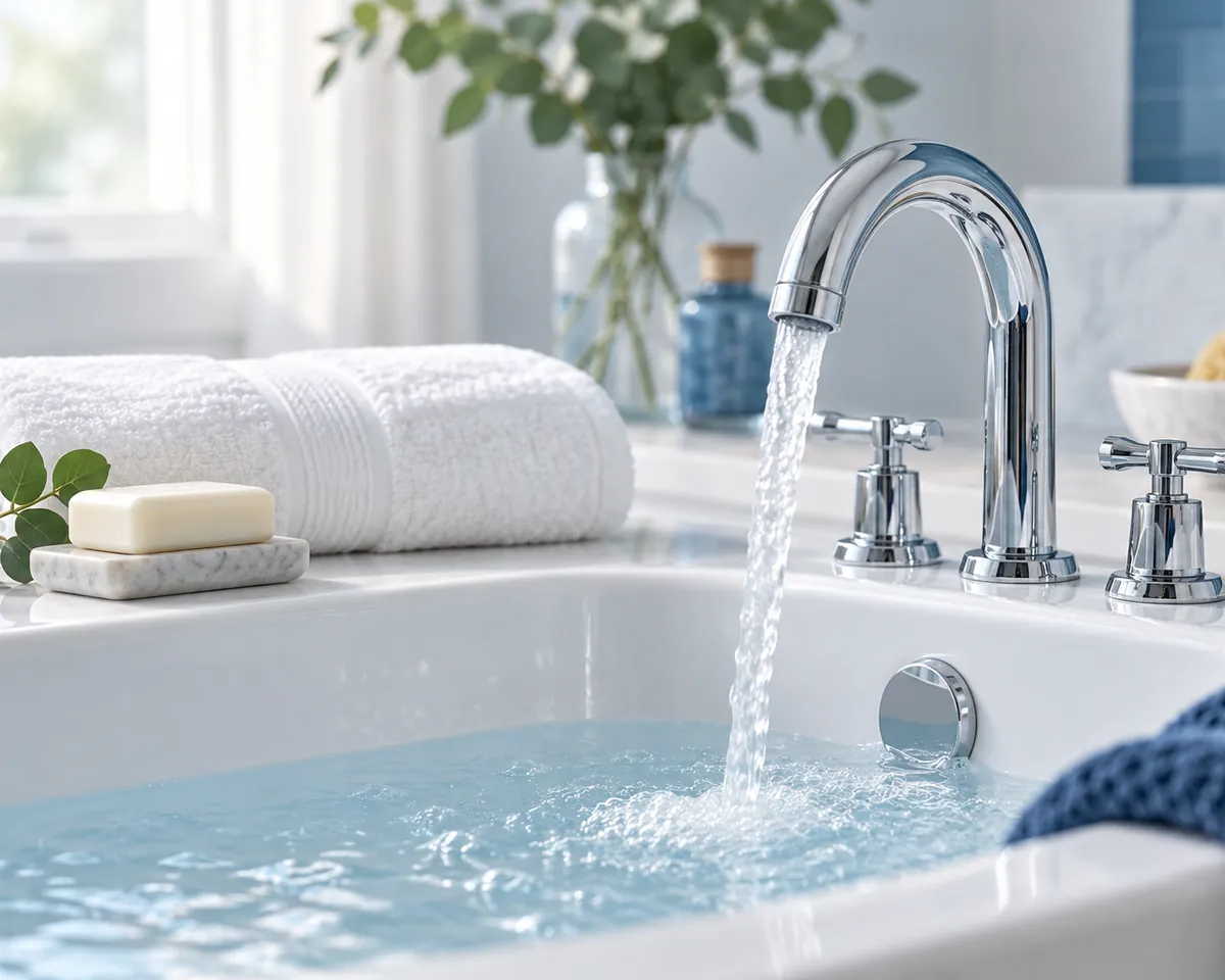 Illustration: A folded white towel, a bar of soap and a chrome bath tap running water, spa-like and calm, no people