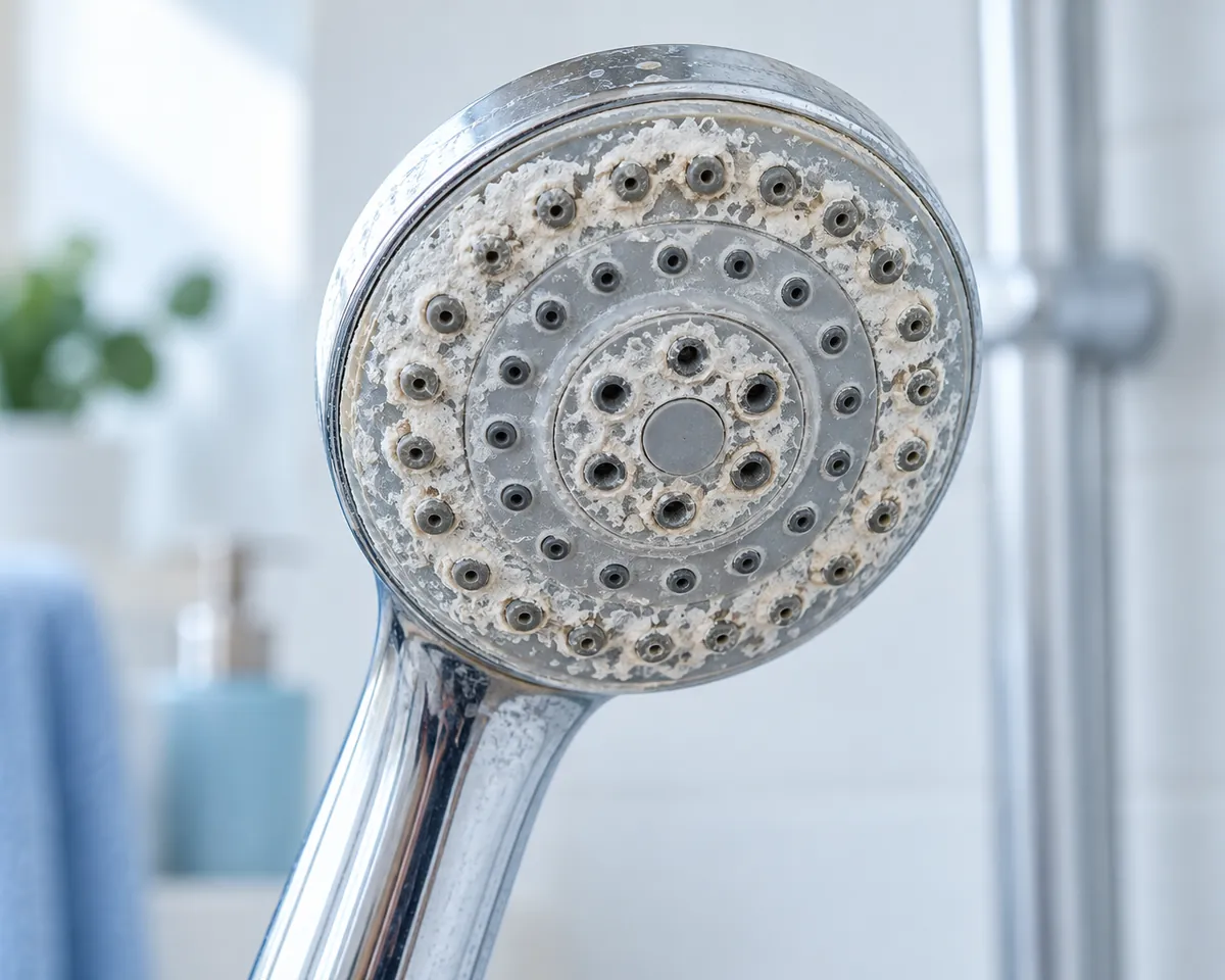 Illustration: Macro close-up of a chrome shower head crusted with white chalky limescale around the nozzles, soft bathroom light