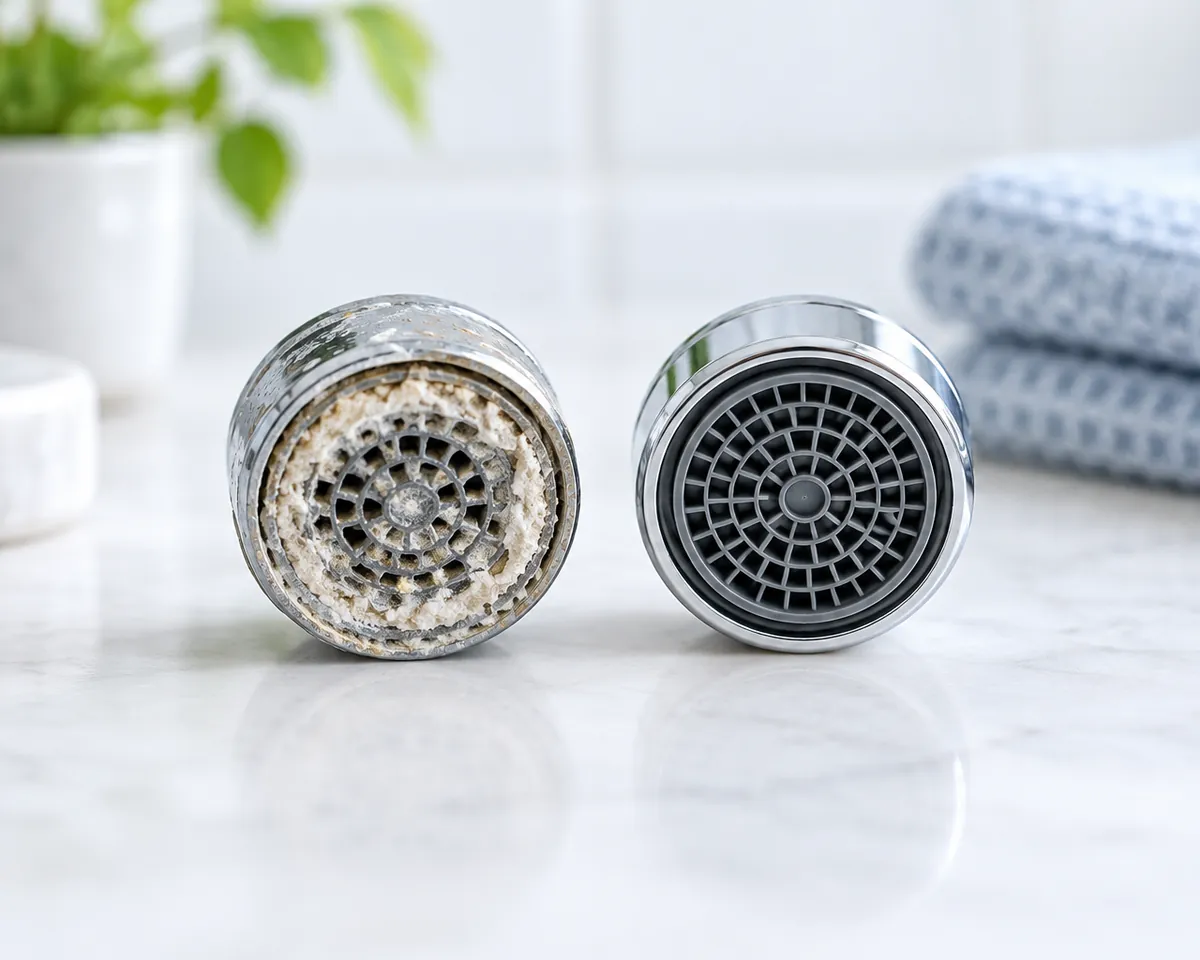 Illustration: Two faucet aerators side by side on a white surface: one clogged with white mineral scale, one clean and shiny, macro