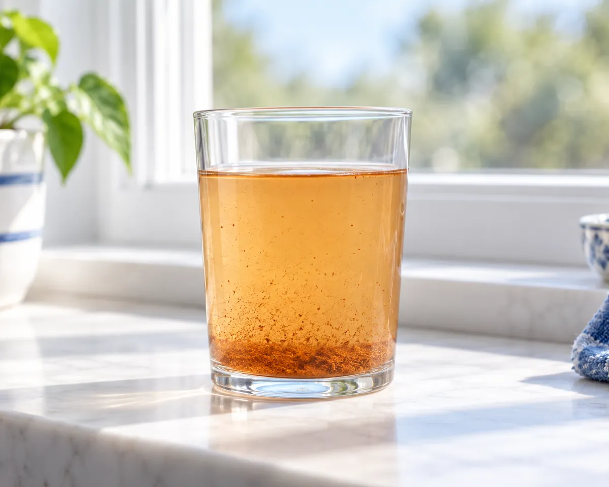 Illustration: A clear drinking glass of orange-tinted well water on a sunny windowsill, fine rust-colored particles settling at the bottom