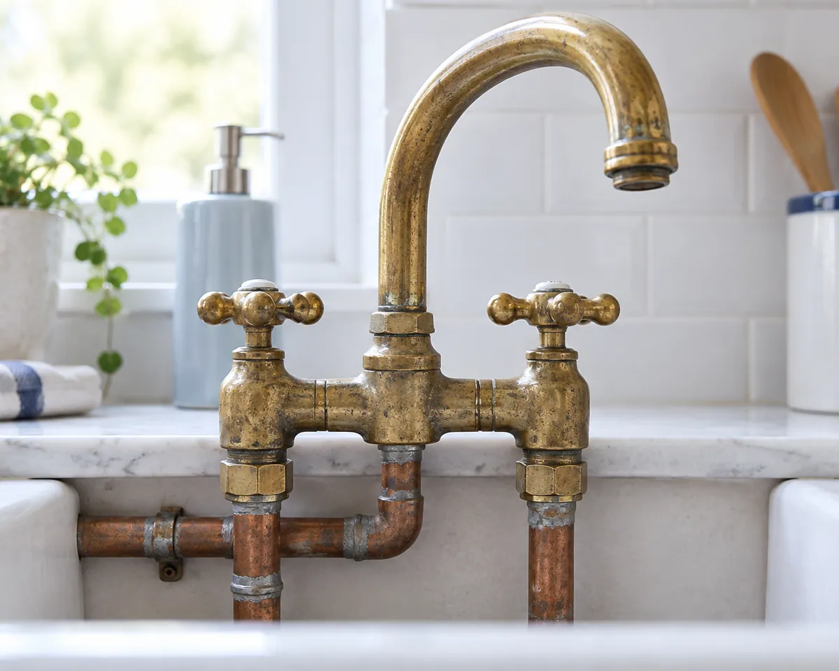 Illustration: An older brass kitchen faucet with a worn finish above aged copper pipes with dull grey solder joints, close-up