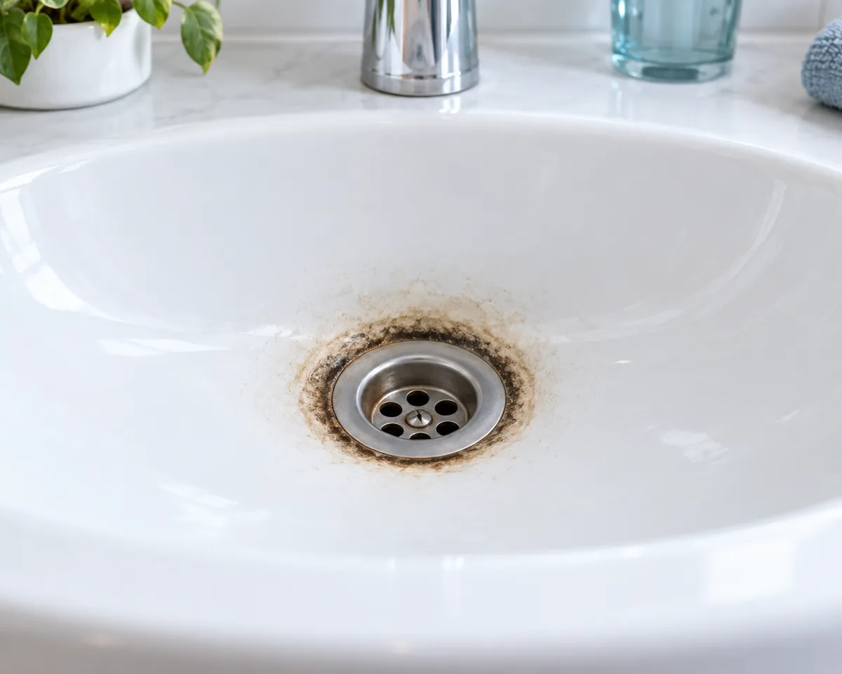 Illustration: Dark brown-black stain rings around the drain of a white porcelain bathroom sink, close-up, soft light