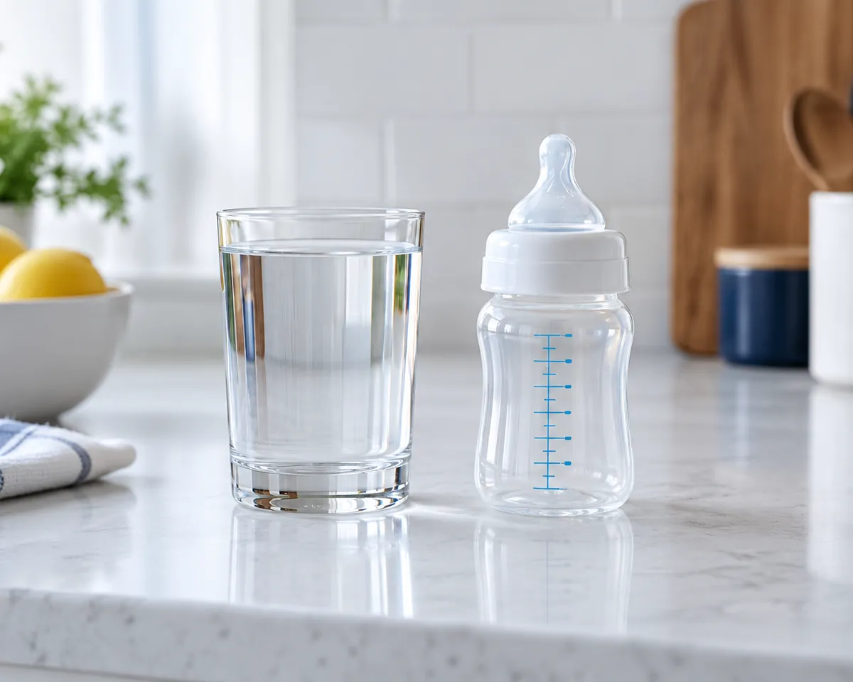 Illustration: A glass of water beside an empty baby bottle on a clean kitchen counter, soft window light