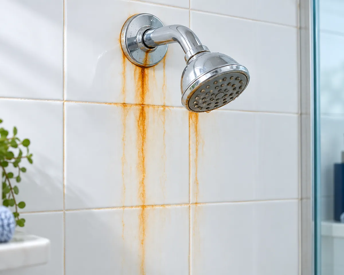 Illustration: Orange rust streaks running down white shower tiles and grout below a chrome fixture, close-up, bright light