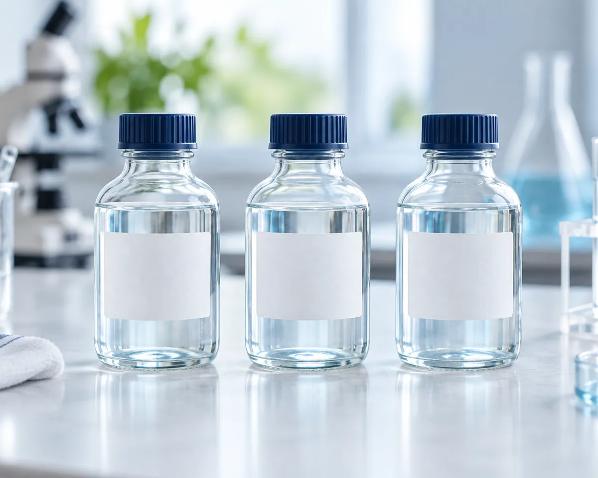 Illustration: A row of clear glass laboratory water sample bottles with blank white labels on a bright lab bench, shallow depth of field