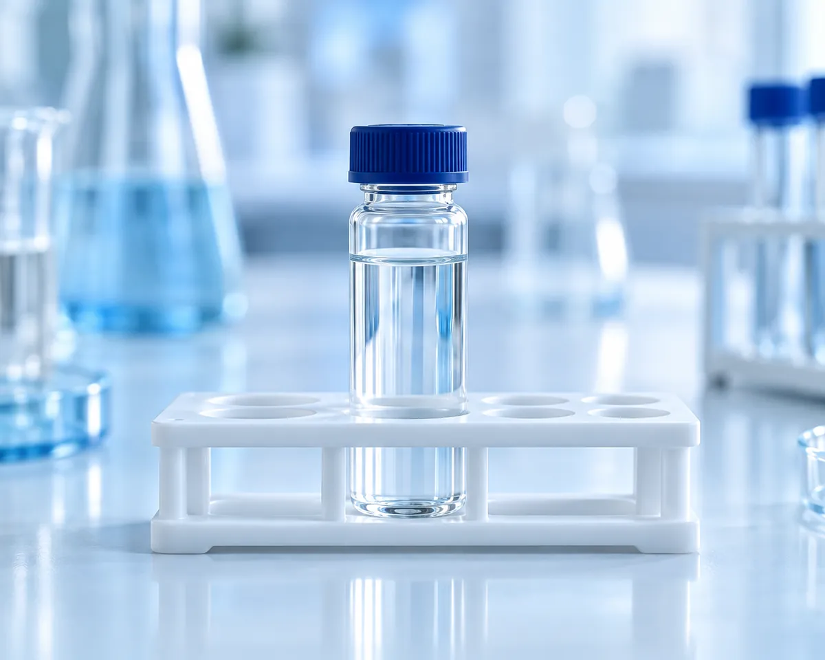 Illustration: A single glass laboratory vial of clear water in a white rack under cool blue lab light