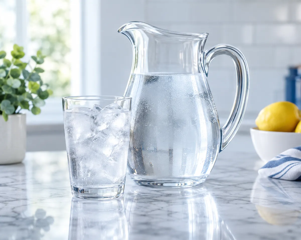 Illustration: A glass of ice water next to a clear glass pitcher on a marble counter, bright and crisp