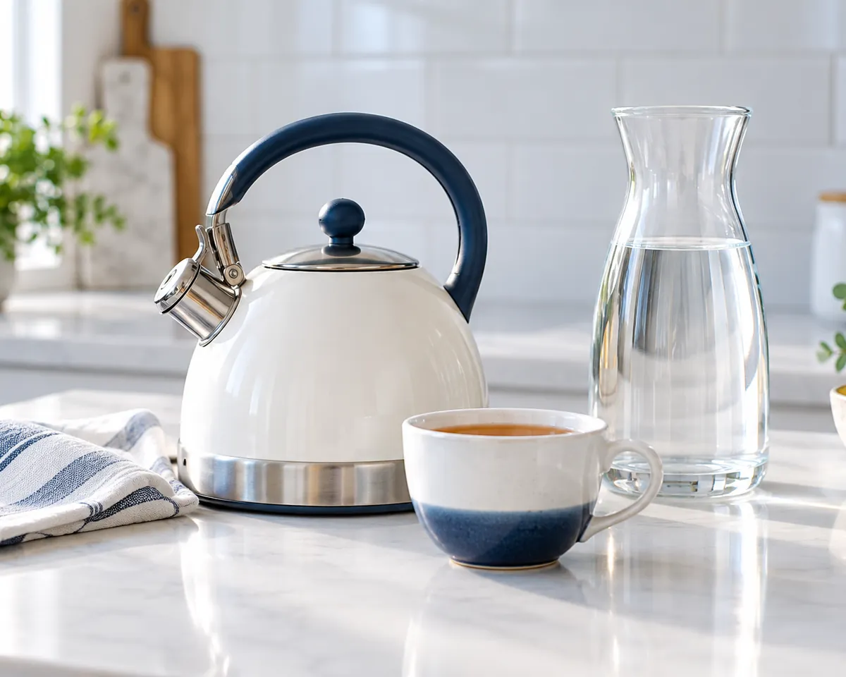 Illustration: A kettle and a cup of freshly made tea on a white counter, clear water in a glass carafe beside them
