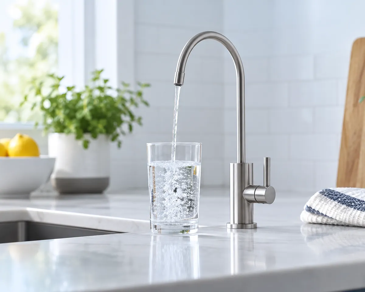 Illustration: A slim dedicated drinking-water faucet on a white quartz countertop filling a glass