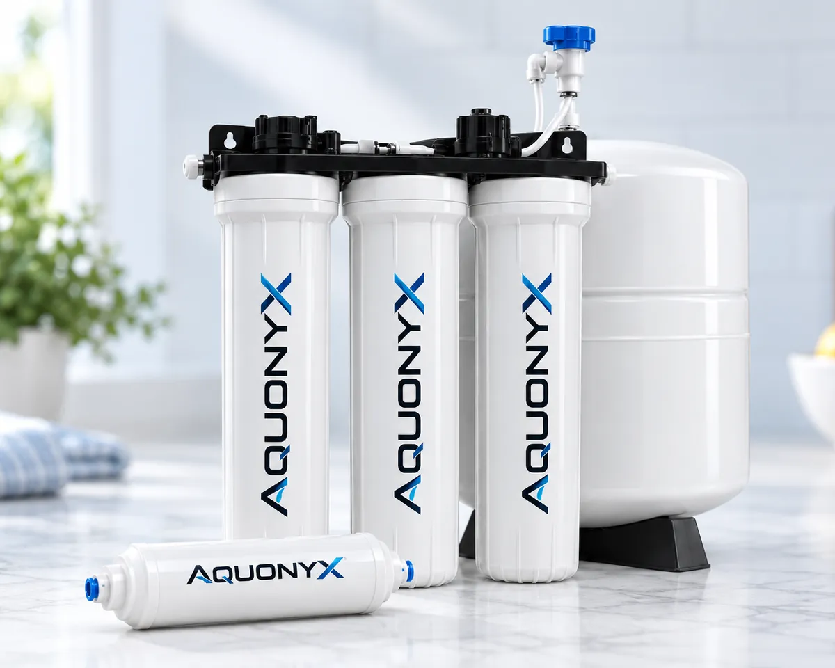 Illustration: Three clear filter housings with white cartridges lined up on a seamless white background, studio