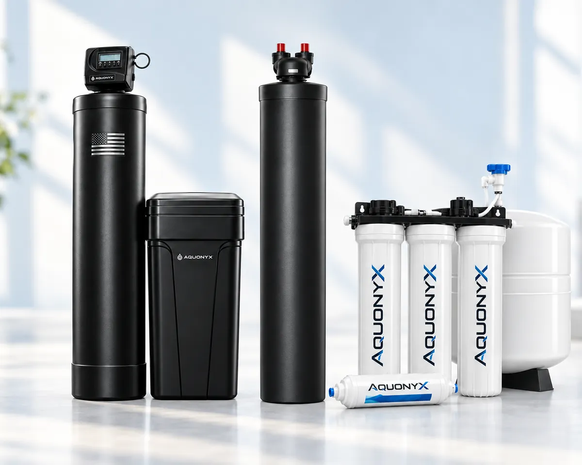 Illustration: A lineup of three unbranded home water-treatment units (a softener, a carbon filter tank and a white brine tank) standing side by side on a seamless light background, product-catalog style