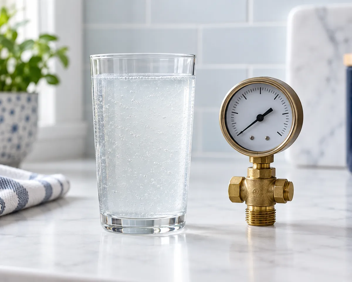 Illustration: A glass of slightly cloudy well water full of fine bubbles next to a brass pressure gauge on a white counter