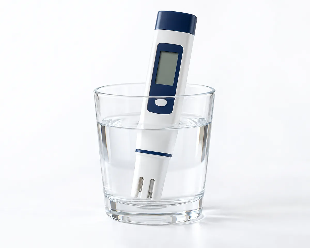 Illustration: A handheld digital water meter probe dipped in a clear glass of water, the meter display blank, white background