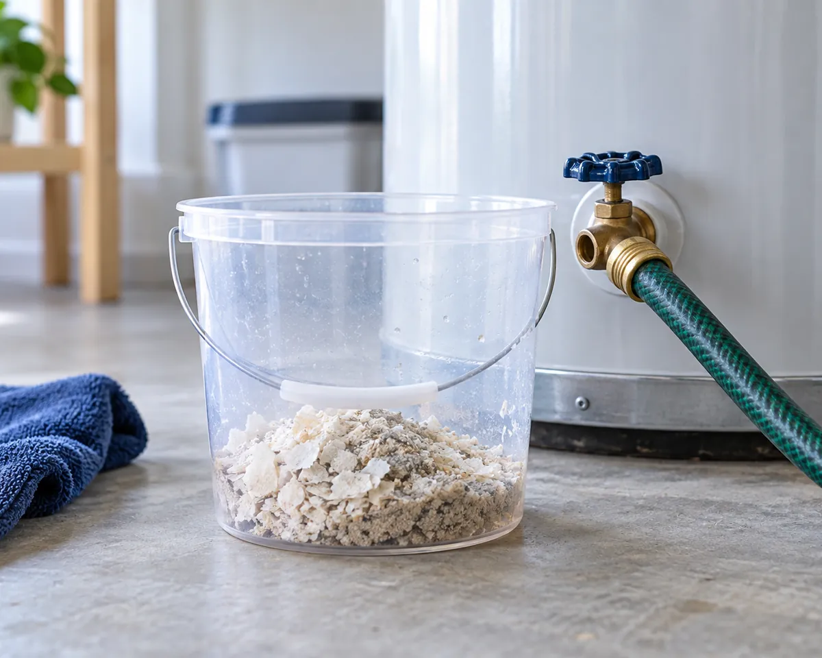Illustration: White mineral flakes and sandy sediment in a clear bucket beside a water heater drain valve and garden hose fitting