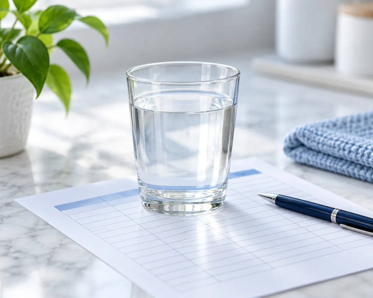 Illustration: A clear glass of tap water standing on a printed report page with blank table lines and a pen, top-down soft light