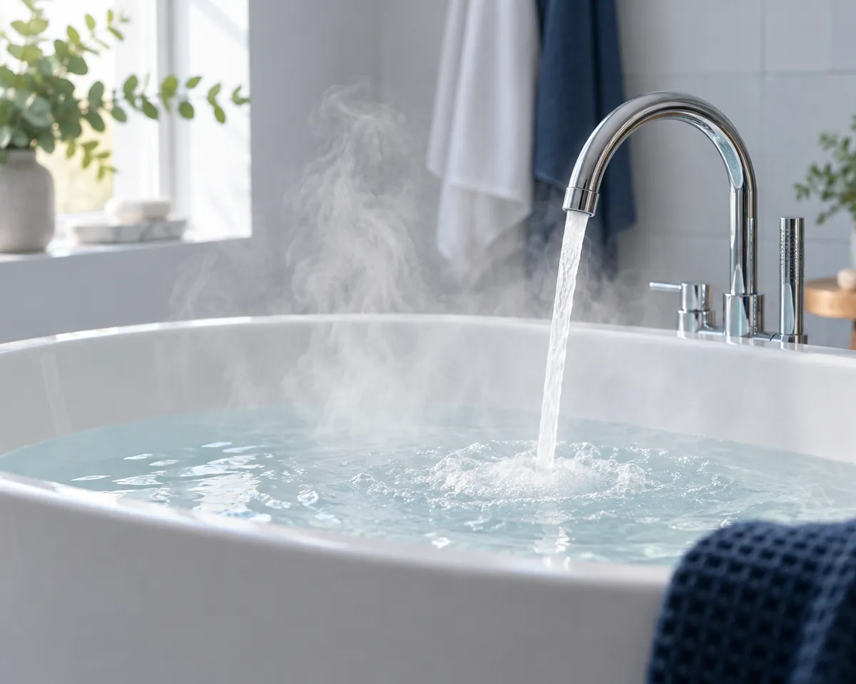 Illustration: Steam rising from hot water running into a clean white bathtub, chrome tap, soft morning light