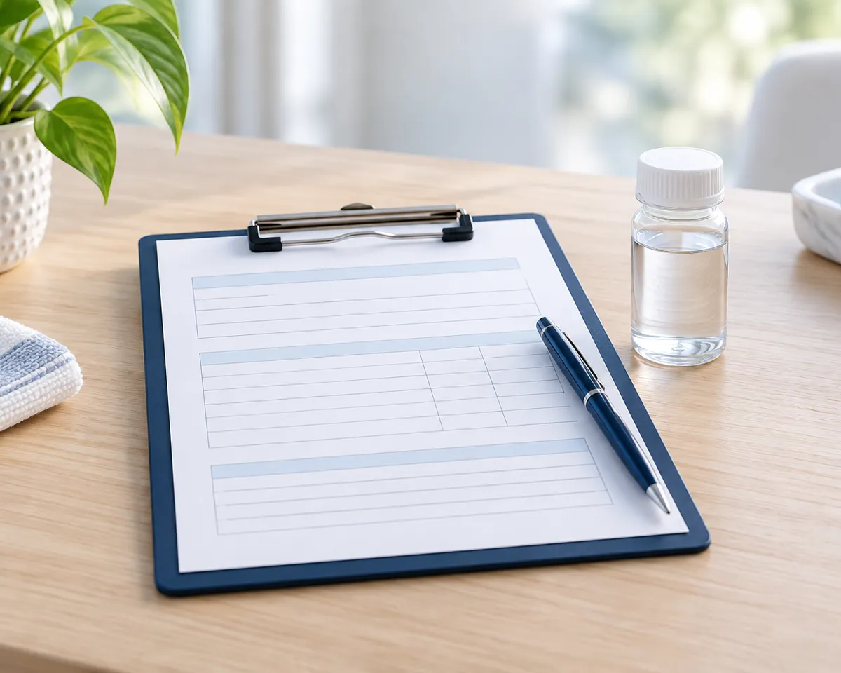 Illustration: A clipboard with a blank estimate form, a pen and a small water sample bottle on a light wooden table