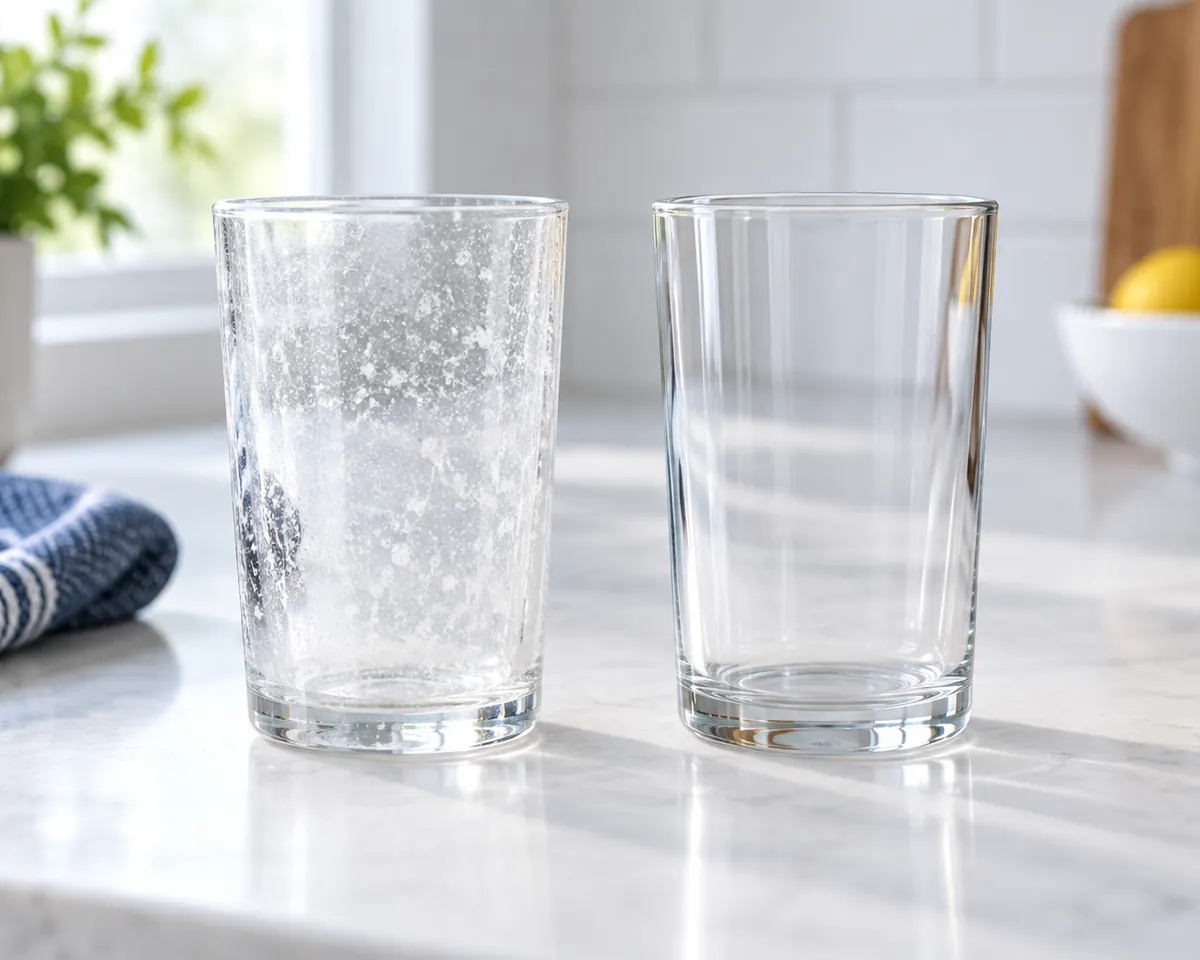Illustration: Two drinking glasses on a white counter: one covered in white water spots, one perfectly clear