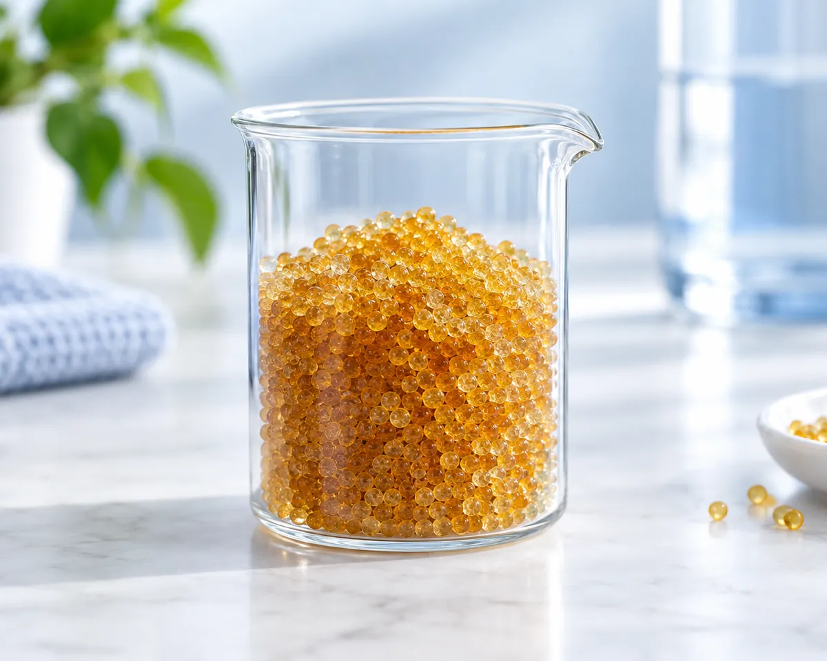 Illustration: Macro of amber ion-exchange resin beads in a clear glass beaker on a white surface