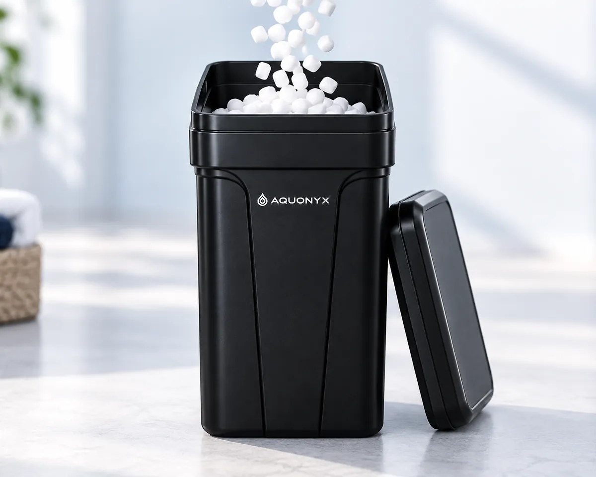 Illustration: White salt pellets pouring into the open lid of a water softener brine tank, close-up