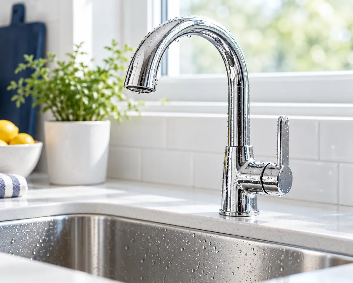 Illustration: A spotless chrome kitchen faucet with water droplets beading on its surface, bright kitchen
