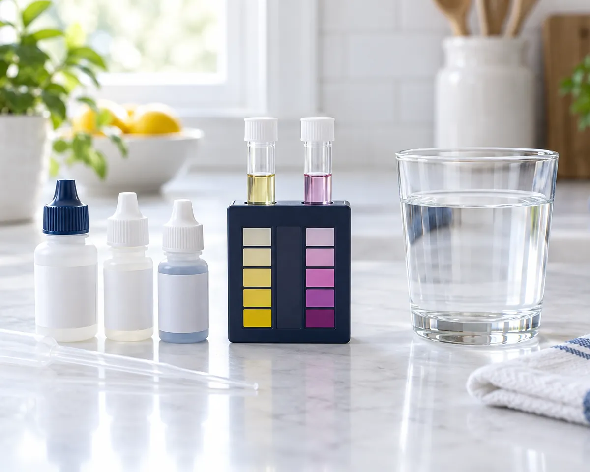 Illustration: A home water test kit laid out on a white kitchen counter: small glass test tubes, a color comparator block, dropper bottles with blank labels and a clear glass of tap water, window light