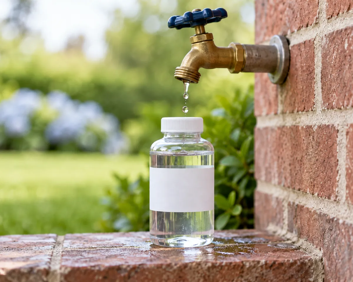 Illustration: A sealed lab water sample bottle with a blank label sitting under a dripping outdoor brass spigot on a brick ledge, green lawn blurred behind
