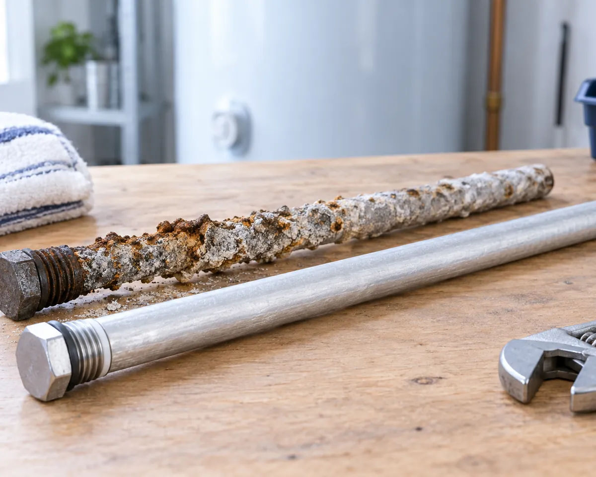 Illustration: A badly corroded water-heater anode rod lying on a workbench next to a new shiny one