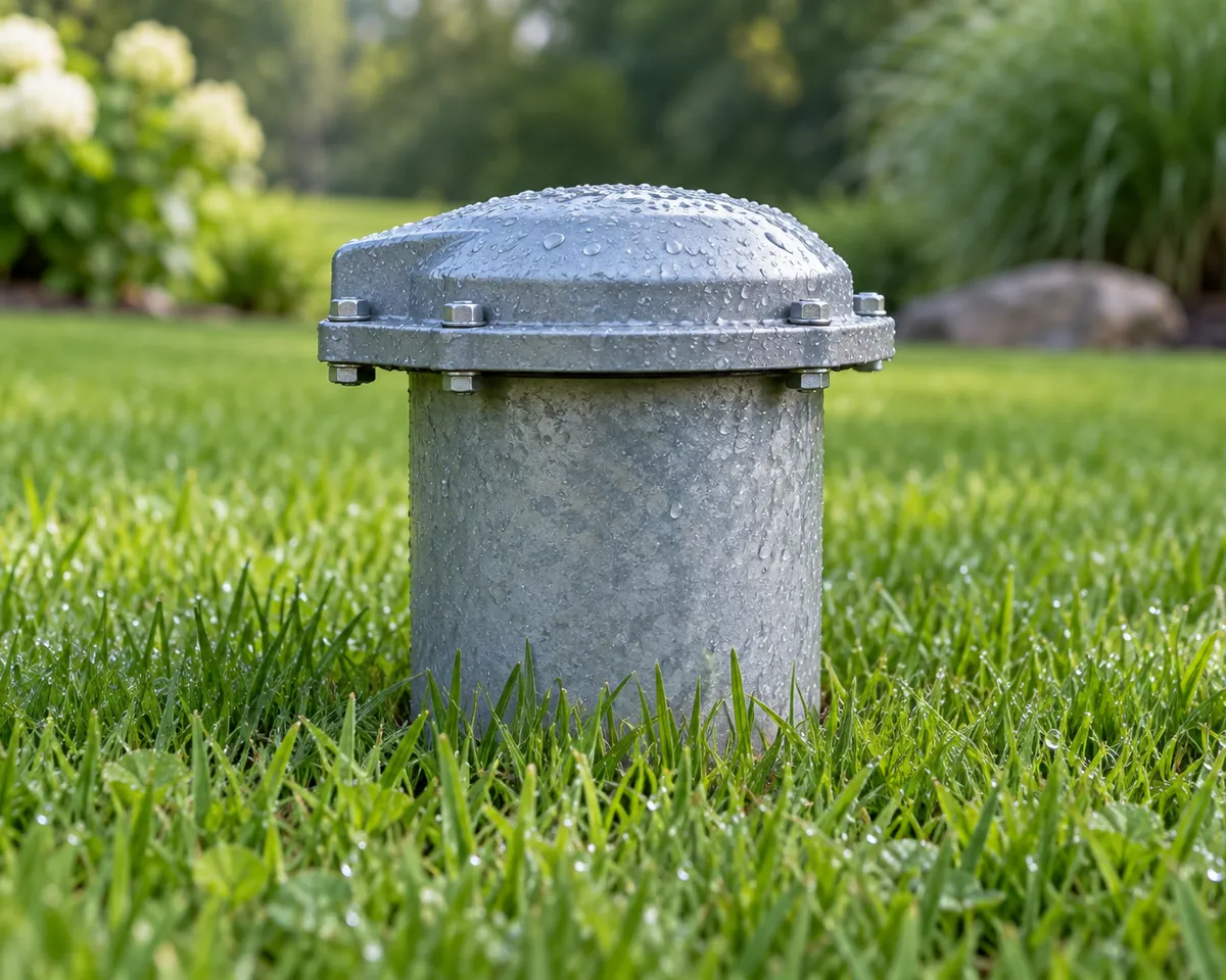 Illustration: A steel well cap in a green lawn after rain, low angle, no house visible