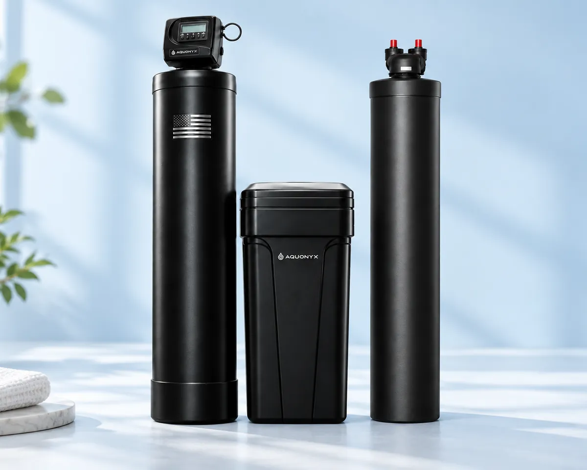 Illustration: Four unbranded blue and navy well-water treatment tanks lined up in a row, product-catalog style on a seamless background