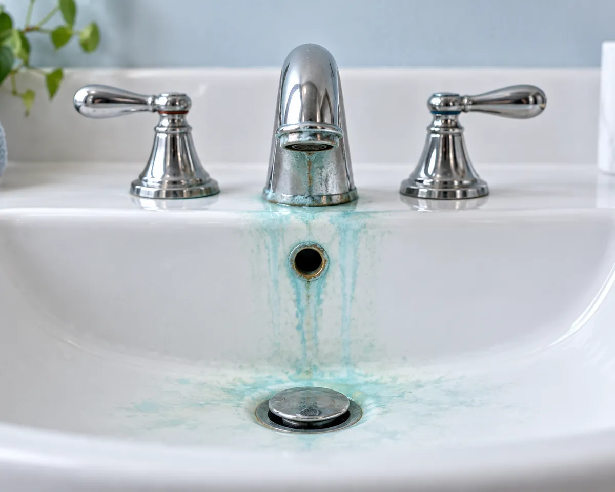 Illustration: Blue-green copper stains on a white porcelain sink below a faucet, close-up