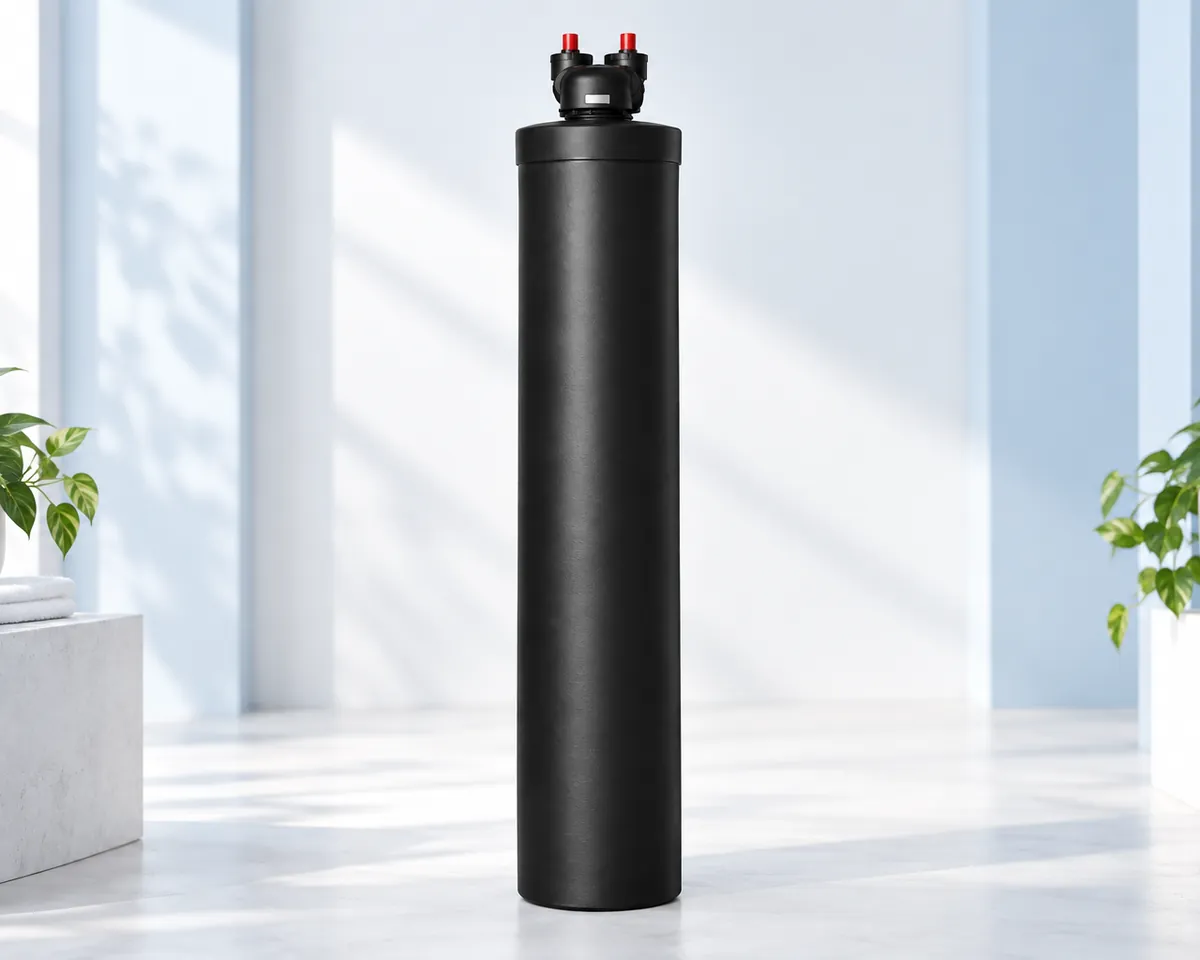 Illustration: A blue well pressure tank in a clean, bright utility room, unbranded