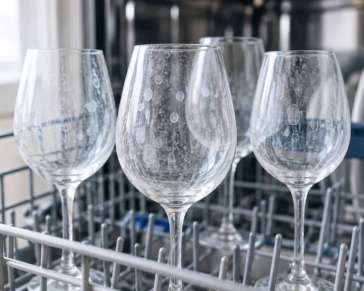 Illustration: Wine glasses covered in cloudy white water spots standing in a dishwasher rack, close-up