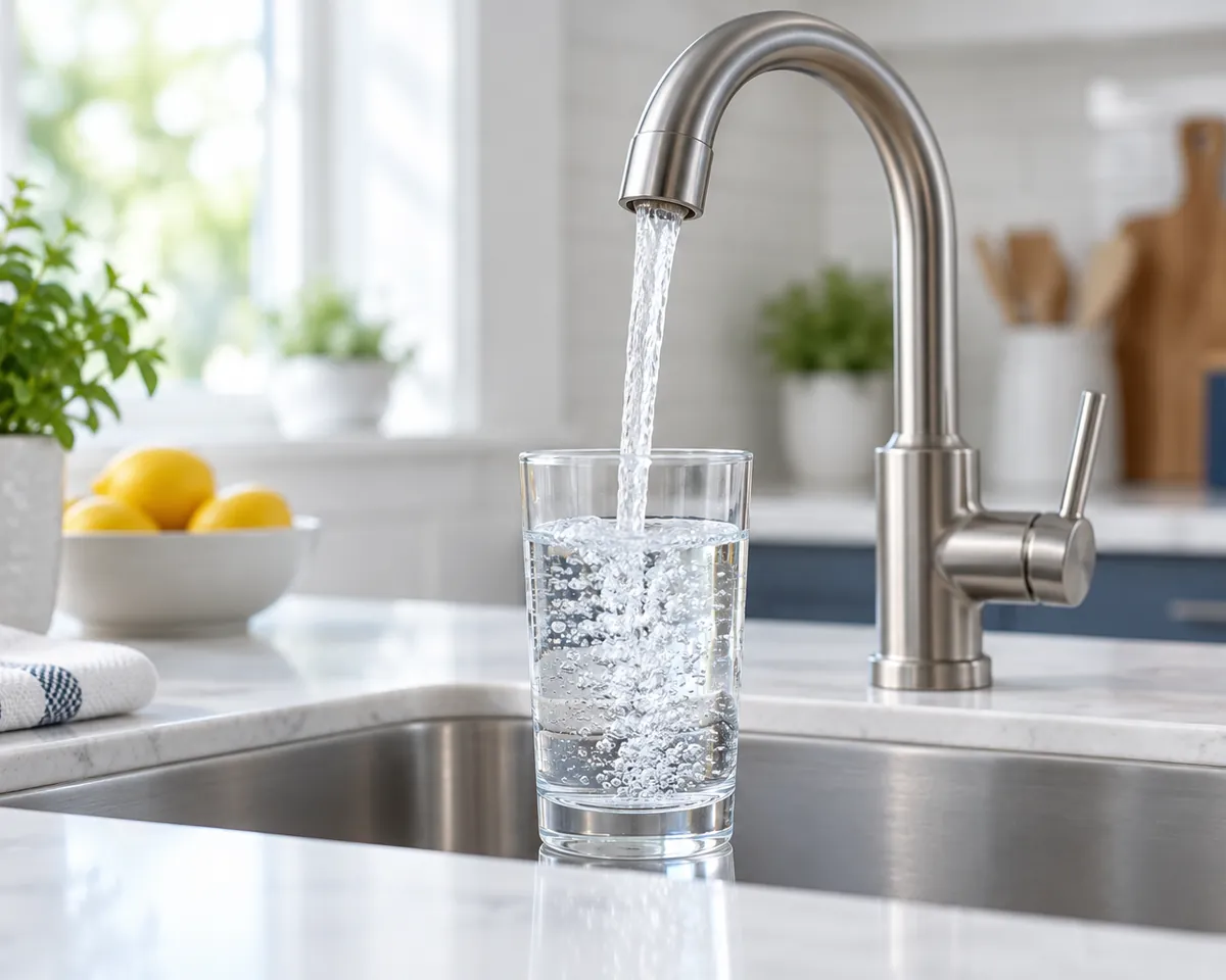 Illustration: Water running into a clear glass from a brushed-nickel faucet, bright kitchen softly blurred behind