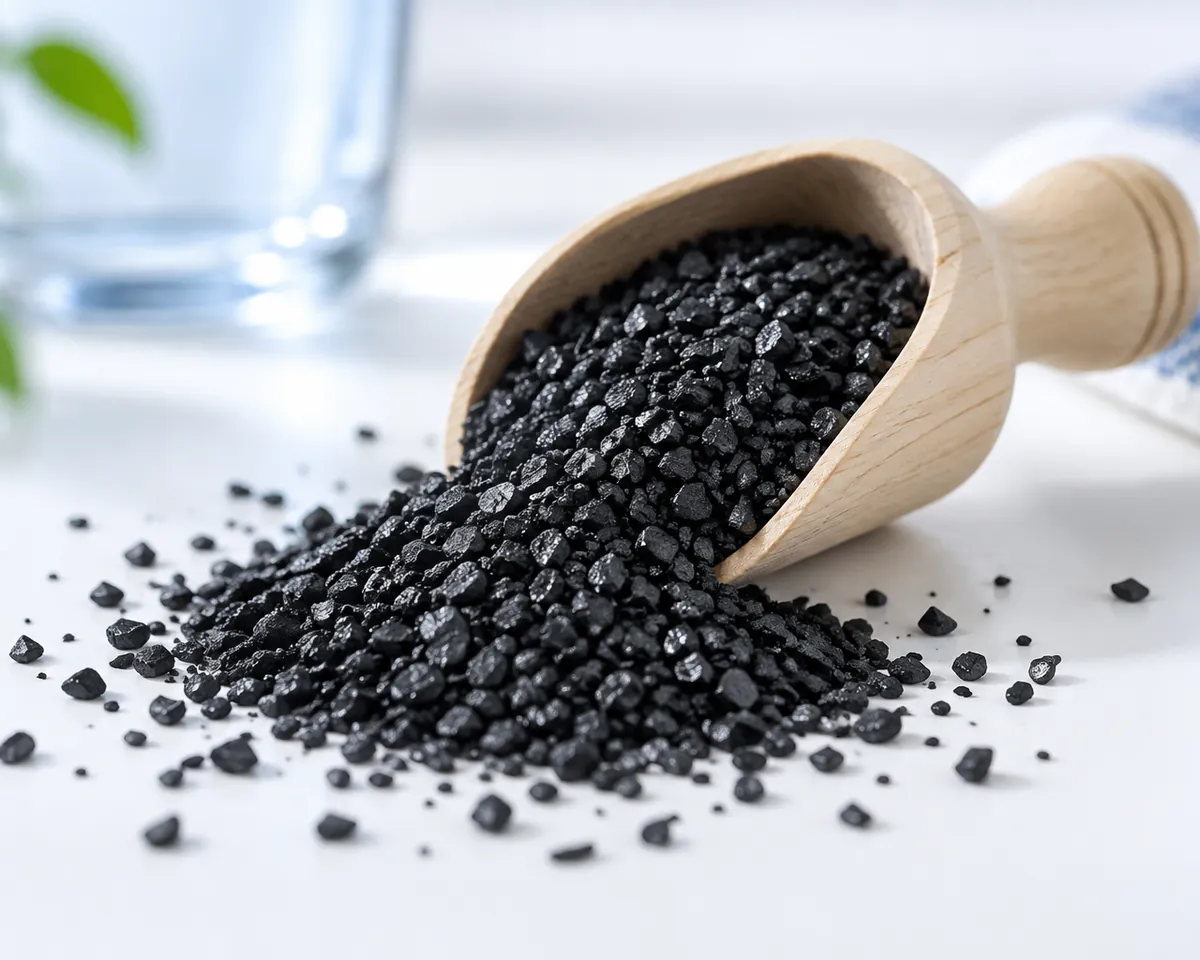 Illustration: Black granular activated carbon spilling from a small scoop onto a white surface, macro