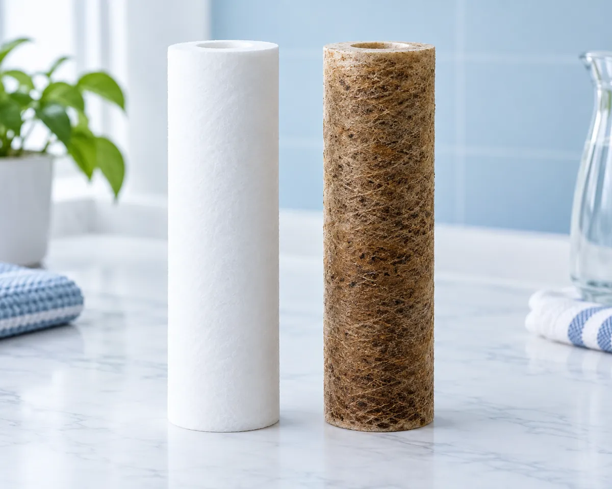 Illustration: Two sediment filter cartridges side by side on white: one new and white, one used and brown with sediment