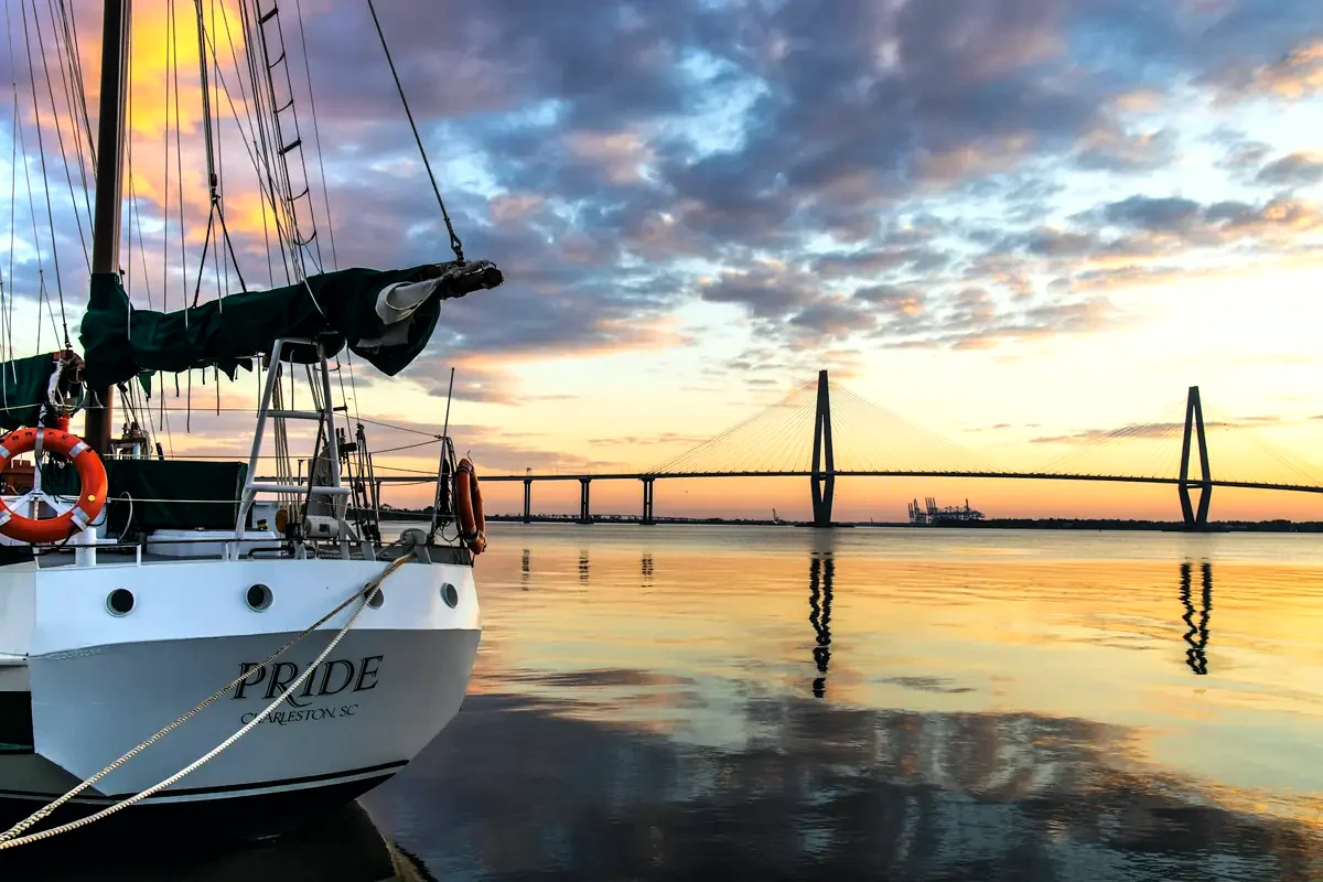 The Harbor Walk in Charleston, with the Ravenel Bridge behind