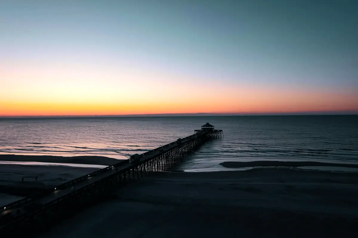 Folly Beach pier at golden hour, Charleston County